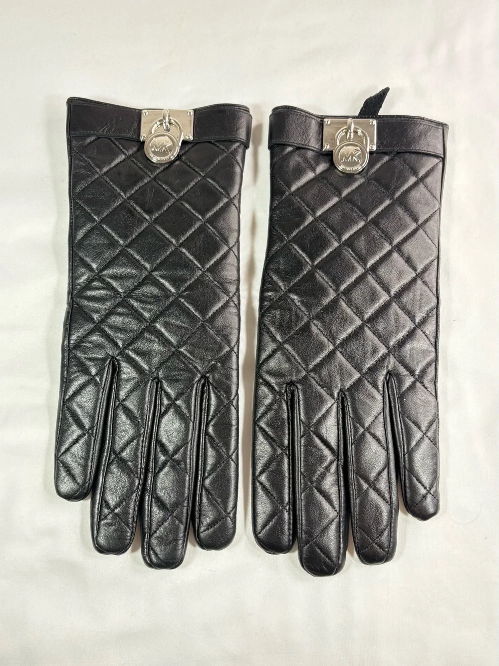 Michael Kors Black Quilted Leather Gloves with Silver MK Plaque